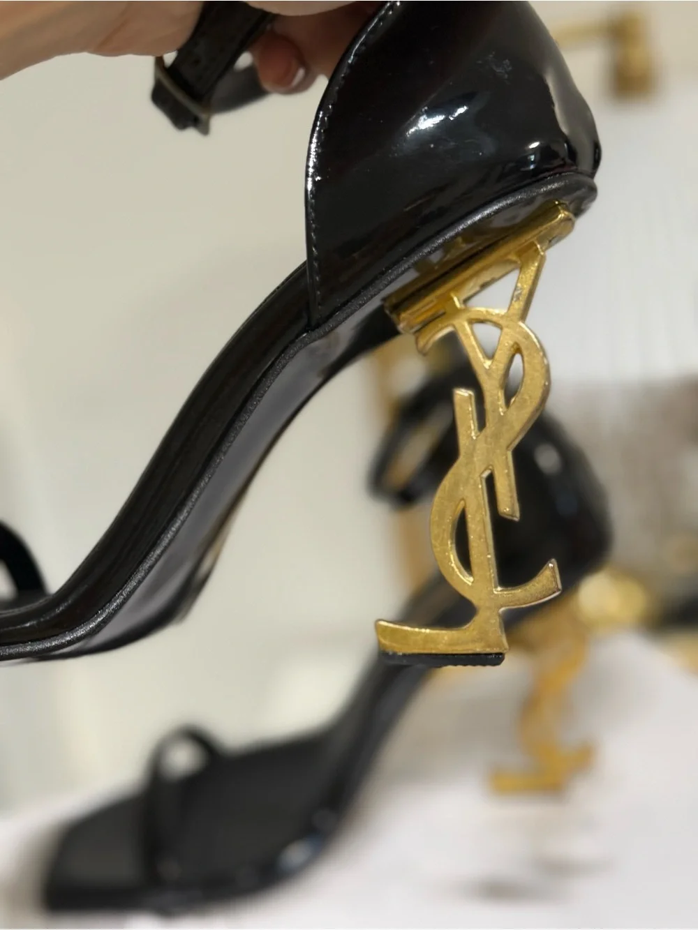 Saint Laurent Black Patent Opyum Ankle-Strap Heels with Gold YSL Heel - Picture 4 of 5